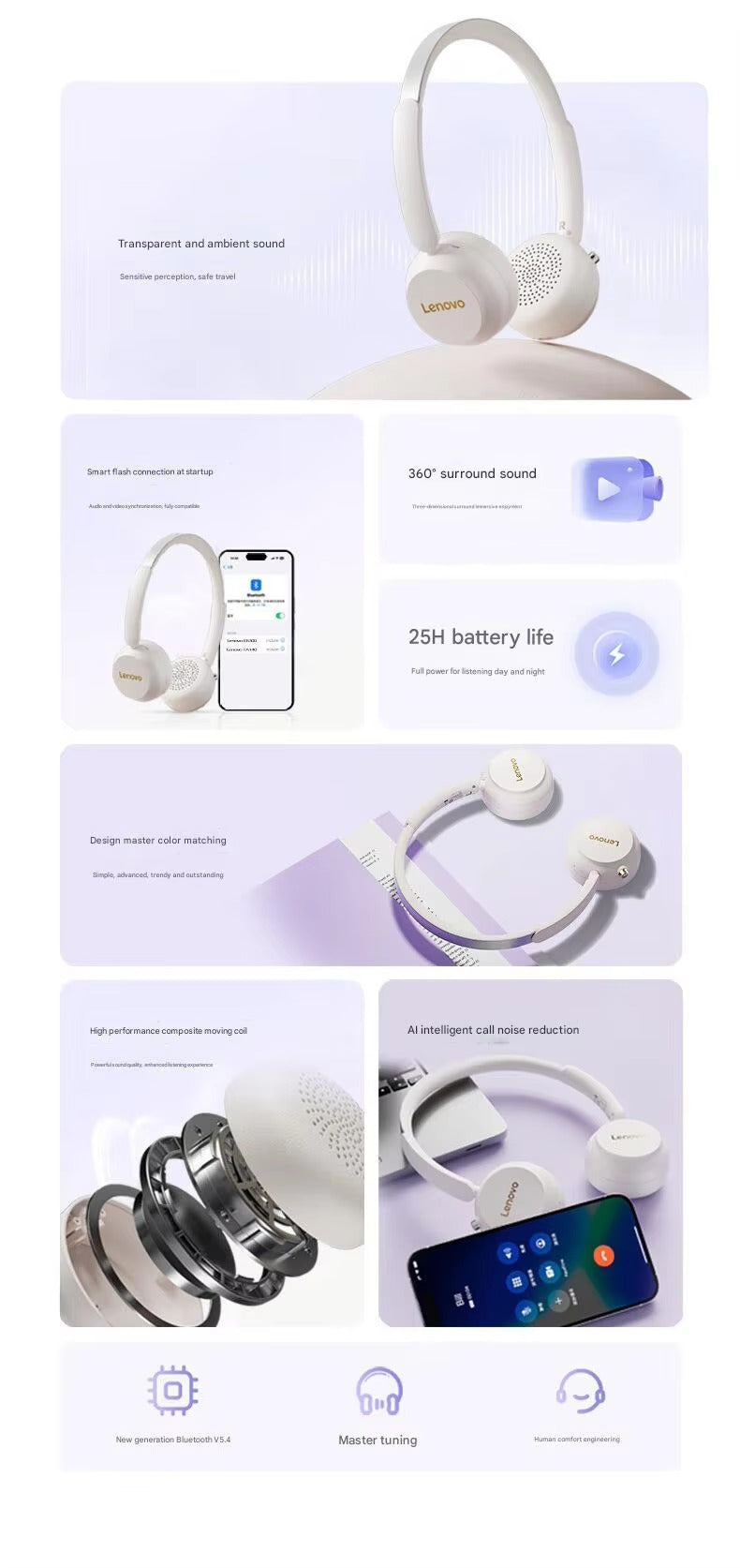 Original Lenovo EB300 Fashion Wireless Bt Headphones Long Battery Life Stereo Music Sports Gaming Headphones with Mic