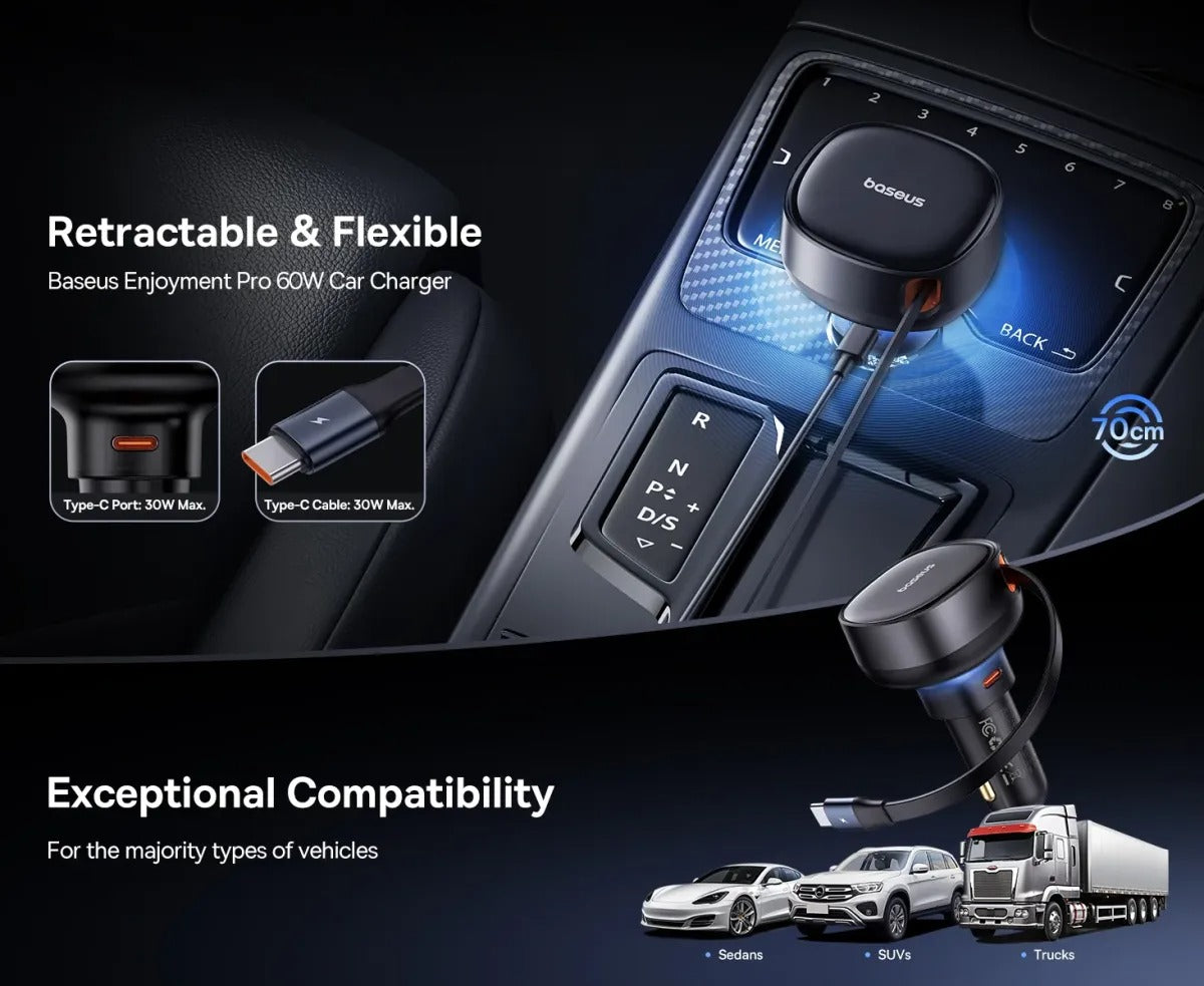 Baseus Enjoyment Pro Retractable USB-C Car Charger 60W